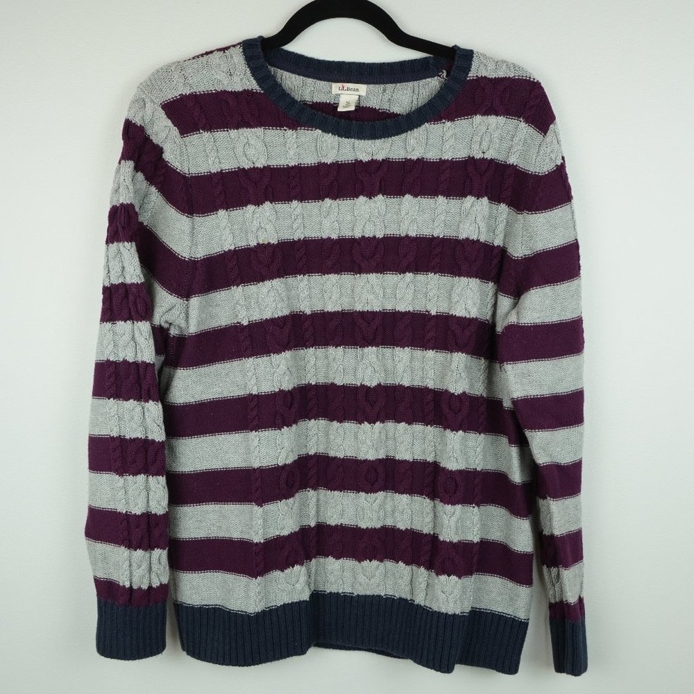 LL Bean Navy Blue Gray Purple Striped Cable Knit Fisherman Sweater Size XL